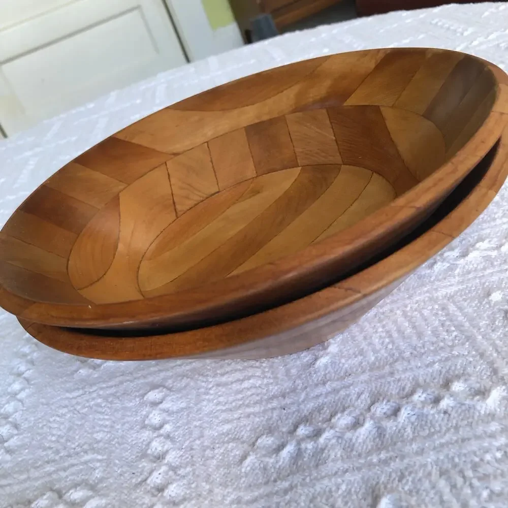 Vintage Segmented Wood Salad Bowls  Set of 2 (10